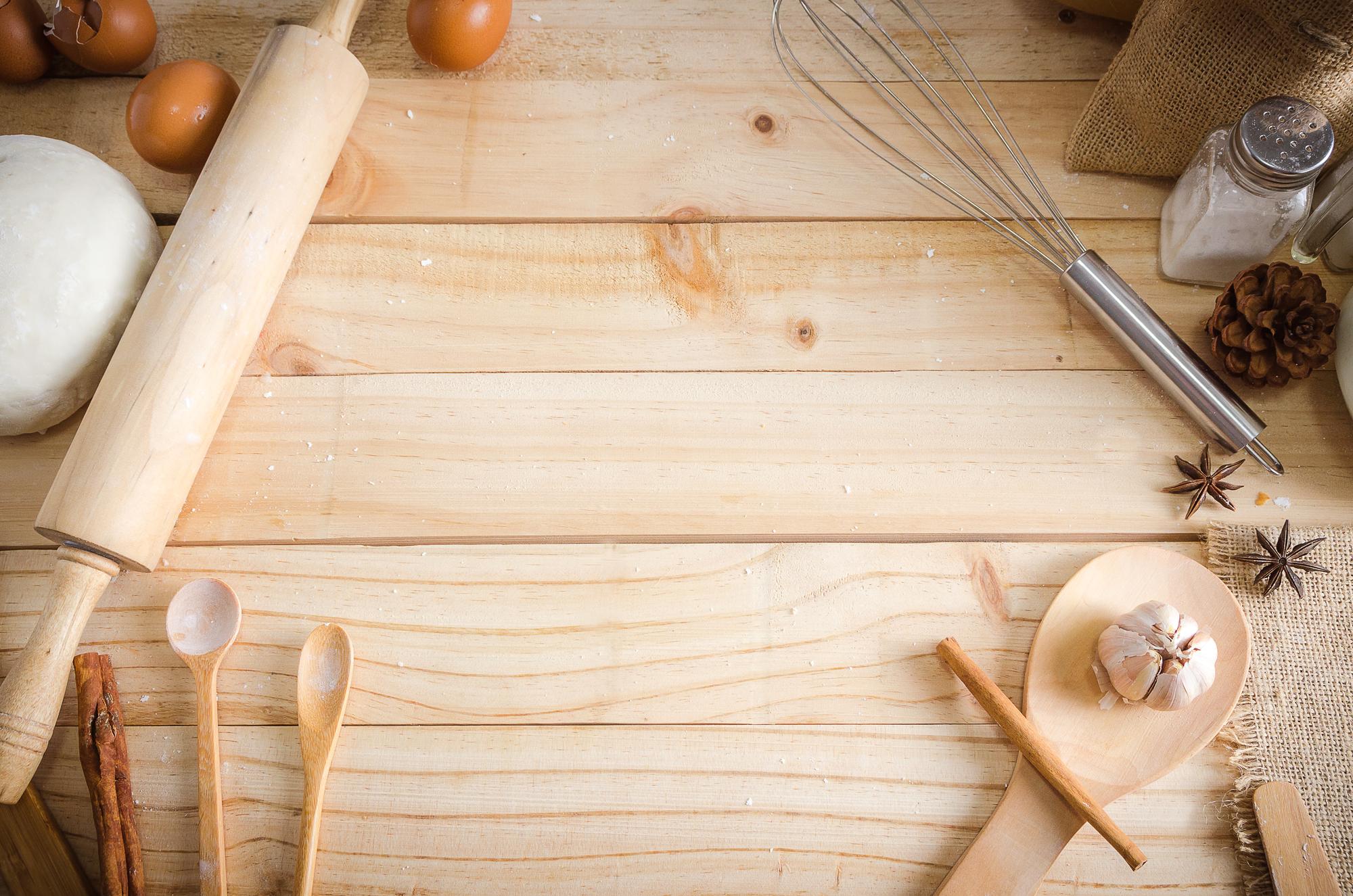 Small culinary studio with wooden table and tools